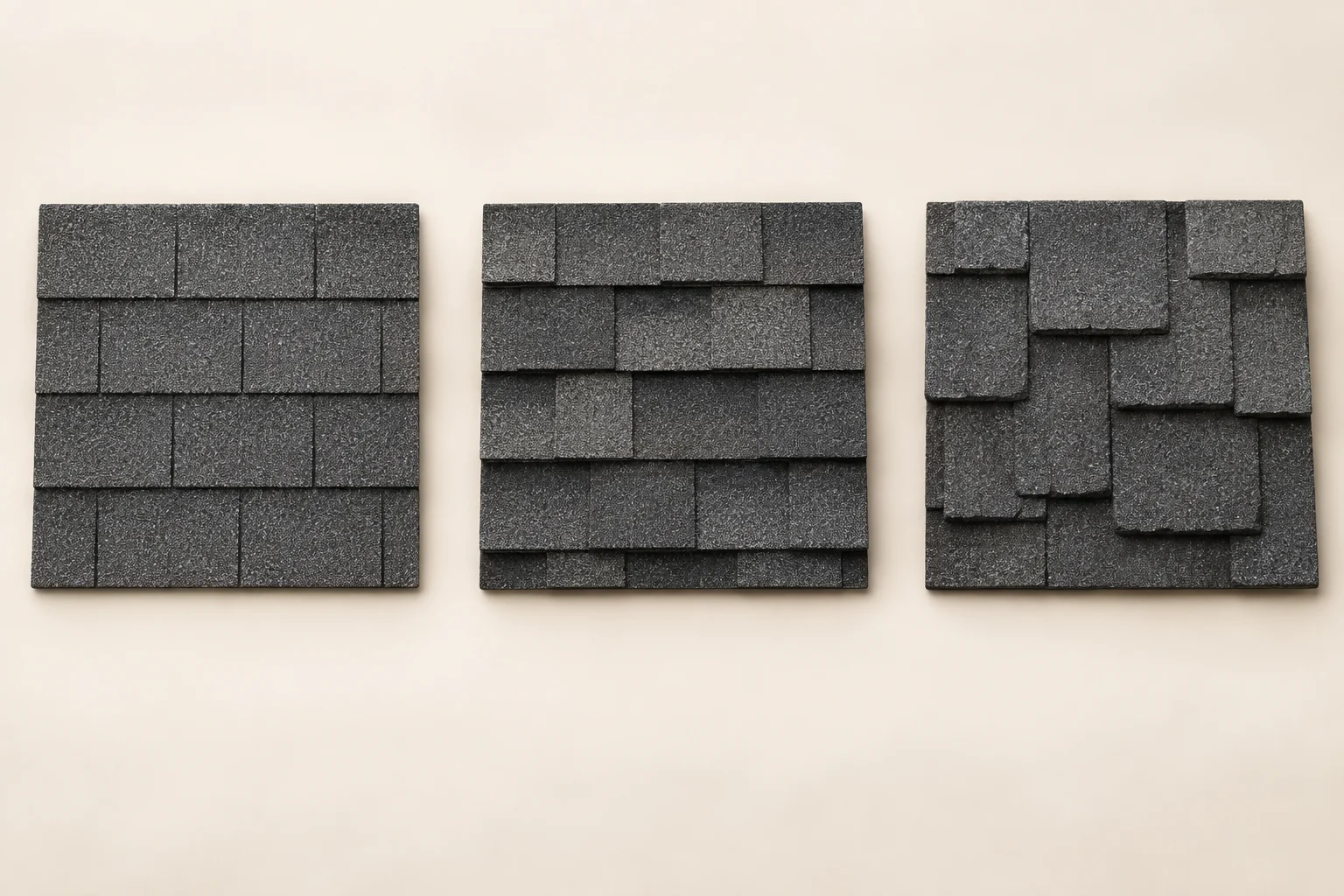 Illustrative samples of three-tab, architectural and designer asphalt shingles